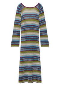 Robe en maille avec manches longues, large encolure et rayures horizontales dans les couleurs vert, bleu, gris, bordeaux et crème.
