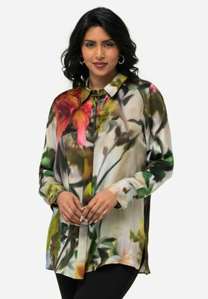 Langärmlige, knöpfbare Bluse aus leichtem Stoff mit einem bunten Blumenmuster in Pink-, Grün- und Gelbtönen sowie einem klassischen Kragen.