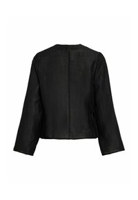 Svart cropped jakke laget av teksturert stoff, med lange ermer, en minimal søm på baksiden og en enkel rund halslinning.