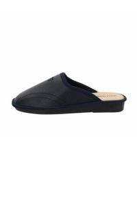 Pantofole slip-on Navy con tomaia in pelle liscia, punta rotonda e dettagli di cucitura minimi. Presentano una suola piatta in gomma nera.