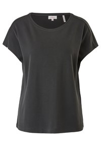 T-shirt uni gris foncé à manches courtes, col rond, coupe ample et étiquette de marque à l’intérieur du col.
