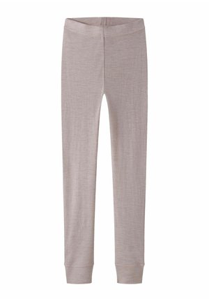 Lyse beige leggings med ribbet struktur, der har en tætsiddende talje og stramme manchetter ved anklerne. Fremstillet af et blødt, elastisk materiale.