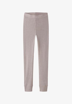 Lyse beige leggings med ribbet struktur, der har en tætsiddende talje og stramme manchetter ved anklerne. Fremstillet af et blødt, elastisk materiale.