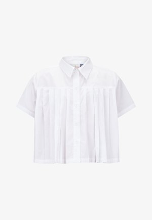 Weißes kurzärmeliges Hemd mit Knopfleiste, das vertikale Falten auf der Vorderseite aufweist und aus leichtem Baumwollstoff hergestellt ist. Sauberes, klassisches Design.