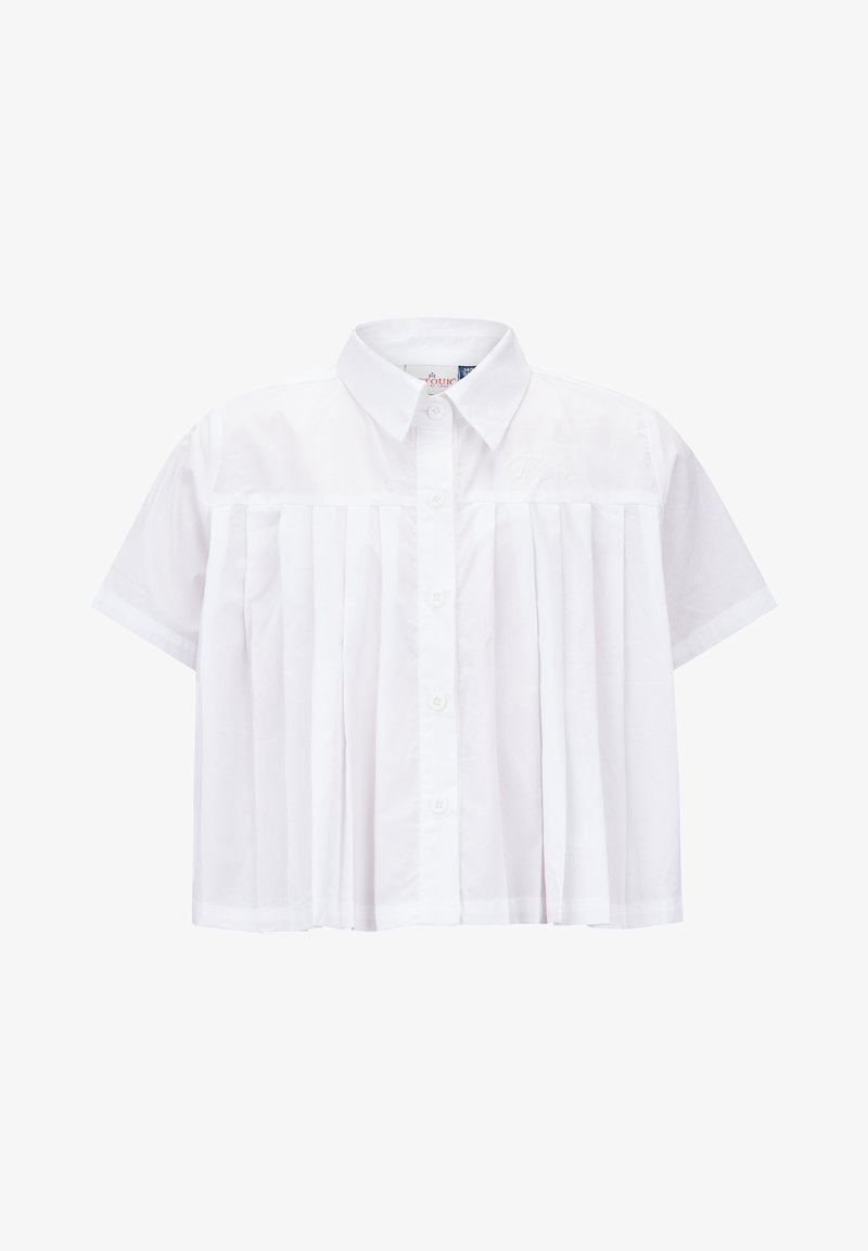 White short-sleeve button-up shirt featuring vertical pleats on the front, made of lightweight cotton fabric. Clean, classic design.