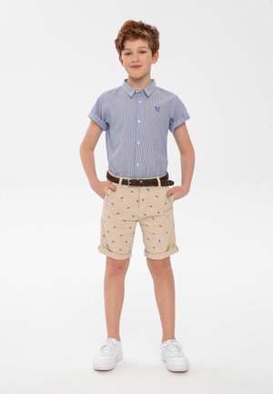 Camicetta azzurro chiaro a maniche corte con colletto a bottoni, abbinata a pantaloni corti beige con un motivo e una cintura intrecciata marrone. Sneakers bianche.