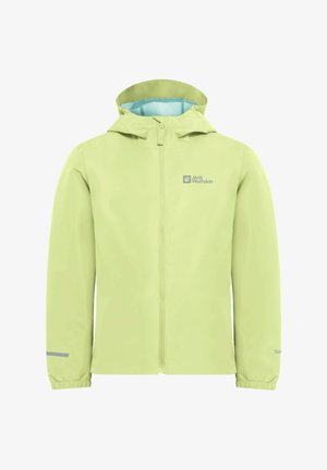 Lichtgroene waterdichte jas met capuchon, rits aan de voorkant, elastische manchetten en reflecterende accenten. Gemaakt van duurzaam, ademend materiaal.
