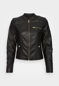 Czarna skórzana kurtka z frontowym suwakiem, okrągłym kołnierzem, kieszenią na suwak na piersi oraz złotymi dodatkami. Teksturowane ramiona z detalami szwów.