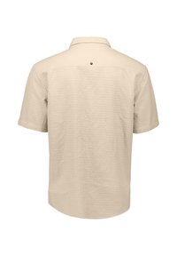 Beige kortemouw gestructureerd shirt met kraag, gezien van de achterkant, met een kleine zwarte knoop nabij het bovenste midden.