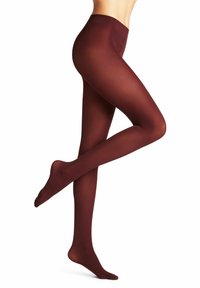 Collant bordeaux con una texture liscia e finitura opaca, caratterizzati da un'alta vita e un design traslucido che modella la gamba.