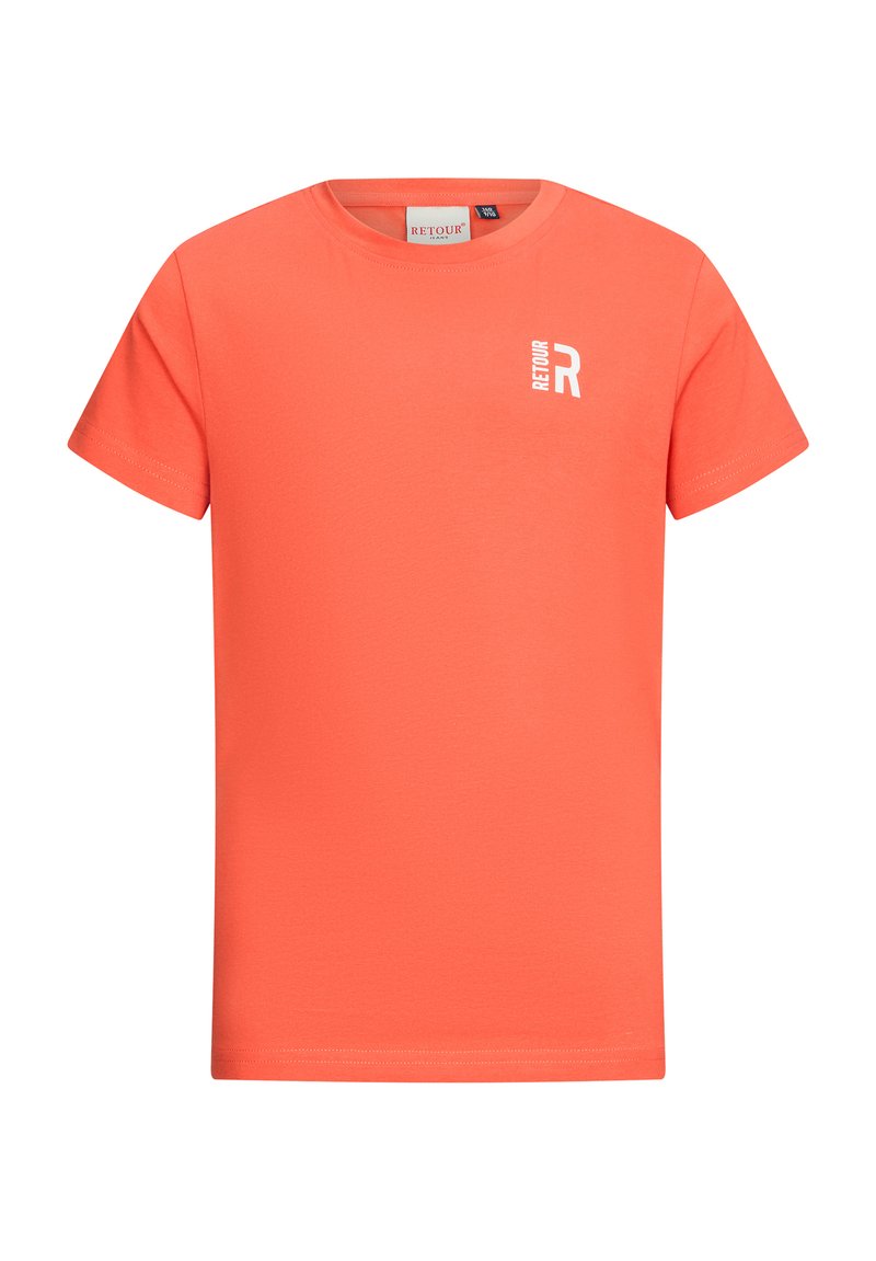 T-shirt di cotone color arancione corallo con maniche corte, scollatura tonda e un piccolo logo bianco nella parte superiore sinistra del petto. Texture liscia.