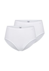 Mutande bianche in cotone alta vita, caratterizzate da una texture liscia, copertura totale e un design semplice con branding sulla vita. Confezione da due.