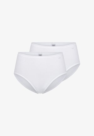 White cotton high-waisted briefs, featuring a smooth texture, full coverage, and a simple design with branding on the waistband. Two-pack.