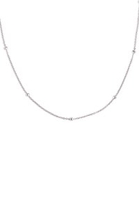 Collana in metallo argento con un design alternato di piccole perle lisce e anelli attorcigliati, dall'aspetto delicato e leggero.