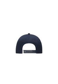Navy blue baseball cap with a curved visor, adjustable plastic strap at the back, and a round top with a small button.