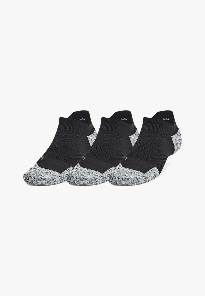Black ankle socks with textured black body and gray marled toe. Features reinforced toe and heel for durability. Three pairs included.
