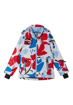 Multicolored jacket with a floral pattern in red, blue, and white, featuring a zip front, pockets, and a hood. Made from waterproof material.