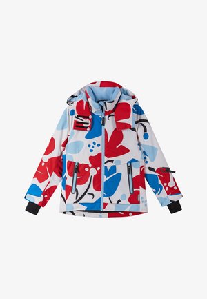 Mehrfarbige Jacke mit einem floralen Muster in Rot, Blau und Weiß, ausgestattet mit einem Reißverschluss vorne, Taschen und einer Kapuze. Hergestellt aus wasserdichtem Material.