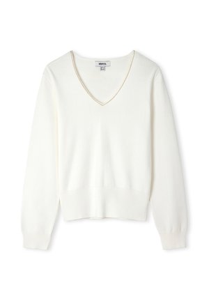 Biały sweter z długim rękawem, dekoltem w serek i subtelną złotą lamówką, ściągaczami na mankietach i dole, z metką z logo wewnątrz kołnierza.