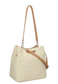 Beige faux skinnveske med geometrisk mønster, doble håndtak og snøring. Glatt tekstur med detaljer i gulltone.