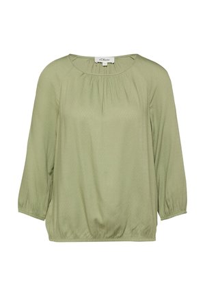 Hellgrüne langärmlige Bluse mit gerafftem Ausschnitt, elastischen Bündchen und elastischem Saum, mit s.Oliver-Etikett, vor weißem Hintergrund.