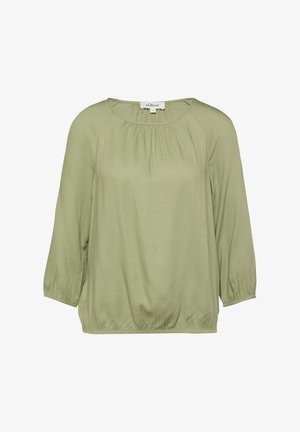 Blouse vert clair à manches longues avec encolure froncée, poignets élastiques et ourlet élastique, portant l'étiquette s.Oliver, sur fond blanc.