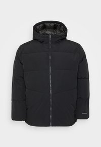 Black puffer jacket with a hood, zip front, and padded design. Features a textured surface and accent stitching for warmth.