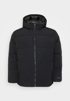 Black puffer jacket with a hood, zip front, and padded design. Features a textured surface and accent stitching for warmth.