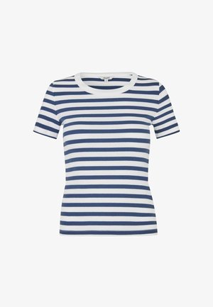 Tričko s krátkym rukávom a okrúhlym výstrihom vyrobené z ribbového materiálu. Má námornícky modré a biele horizontálne pruhy. Úzky strih. Veľkostná nálepka je viditeľná vo vnútri.
