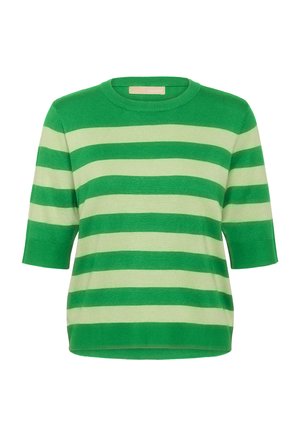 Zaļš un gaiši zaļš svītrains džemperis; apaļa apkakle; īsas piedurknes; mīksta tekstūra; ikdienas piegriezums; ribotie aproces un apakšmala.