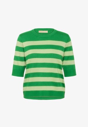Pulover z zelenimi in svetlo zelenimi črtami; okrogel izrez; kratki rokavi; mehak tekstura; priložnostni kroj; rebrasti manšete in spodnji rob.
