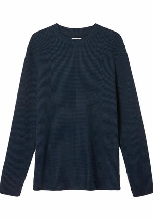 Tengerészkék, fodros mintájú pulóver hosszú ujjakkal, kerek nyakkal, bordázott mandzsettákkal és szegéllyel. Texturált anyaga melegen tart.