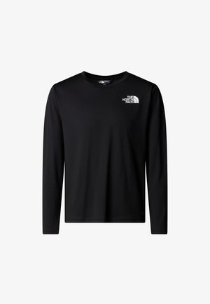 Svart långärmad T-shirt i mjukt tyg med rund halsringning och en vit logotyp på den övre vänstra delen av bröstet.