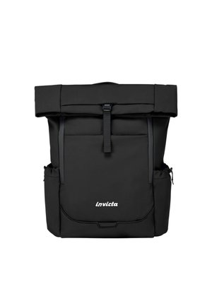 Zaino con roll-top nero realizzato in tessuto resistente. Presenta tasche laterali, un compartimento frontale con zip e una chiusura centrale con gancio.