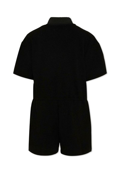 Combinaison courte noire à manches courtes avec col et taille élastique, vue de dos sur fond blanc.