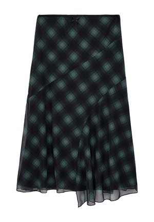 Falda midi de cuadros verde oscuro y negro con dobladillo asimétrico con volante y pequeño lazo en la cintura.