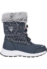 Marine Schneeboot mit Punkten, grauem Fellbesatz, Schnürdesign und einer weißen Gummisohle mit strukturiertem Grip. Aus wasserdichtem Material gefertigt.