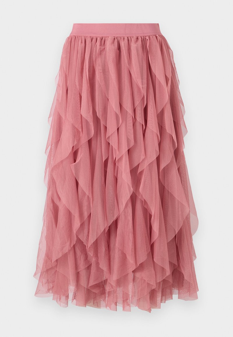 Rosa geschichteter Rock aus leichtem Stoff mit Rüschendesign. Verfügt über einen elastischen Bund und hat eine Länge bis zur Mitte des Waden.