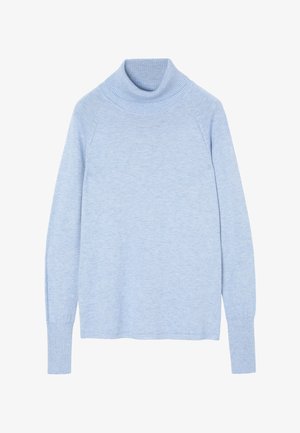 Jersey de cuello alto azul claro, hecho de un suave tejido de punto, con cuello y puños acanalados, y un ajuste relajado con mangas raglán.