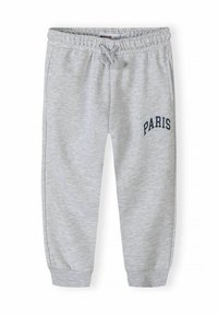 Grå bomullssweatpants med elastisk midja, snörningsfunktion, ribbade manschetter och "PARIS" tryckt i marinblått på vänster ben.