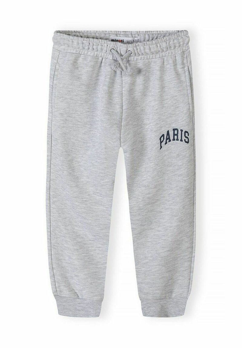Grå bomullssweatpants med elastisk midja, snörningsfunktion, ribbade manschetter och "PARIS" tryckt i marinblått på vänster ben.