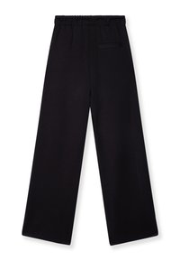 Zwarte comfortabele wijde broek van zachte stof, met een elastische tailleband en een enkele achterzak. Gladde textuur zonder patronen.