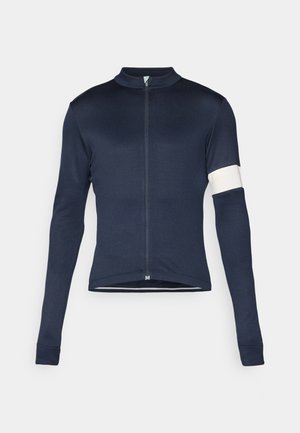 Navy long-sleeve cycling jersey made of smooth material, featuring a full front zip, a high collar, and a white accent on the left arm.