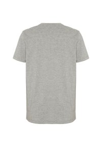 Grey cotton t-shirt, crew neck design, short sleeves, soft texture, plain without patterns or accents, backside view.