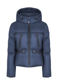 Granatowa kurtka puchowa z kapturem, z czarnymi kieszeniami na zamek błyskawiczny, zapięciem na zamek z przodu oraz ściągaczami przy mankietach dla ciepła i komfortu.