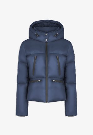 Giacca a vento blu navy con cappuccio, caratterizzata da tasche con zip nere, chiusura frontale con zip e polsini a coste per calore e comfort.
