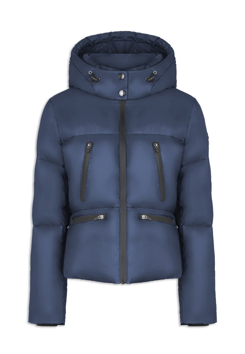 Granatowa kurtka puchowa z kapturem, z czarnymi kieszeniami na zamek błyskawiczny, zapięciem na zamek z przodu oraz ściągaczami przy mankietach dla ciepła i komfortu.
