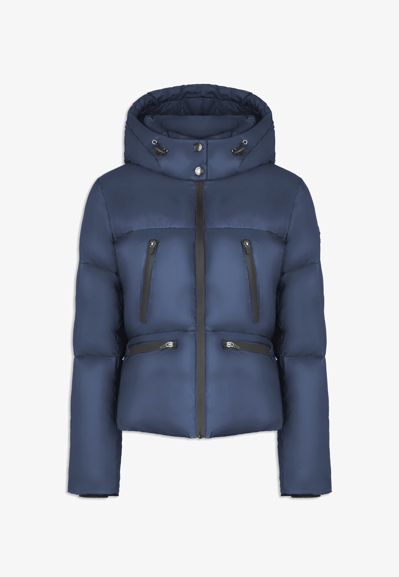 Granatowa kurtka puchowa z kapturem, z czarnymi kieszeniami na zamek błyskawiczny, zapięciem na zamek z przodu oraz ściągaczami przy mankietach dla ciepła i komfortu.