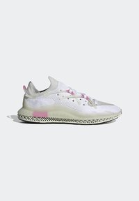 White athletic sneaker with a breathable mesh upper, pink accents, and a translucent sole with a textured, 3D-printed midsole.