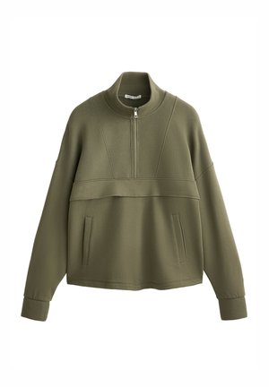 Olive green pullover sweatshirt with high collar, half zipper, textured paneling, and side pockets; relaxed fit with ribbed cuffs.